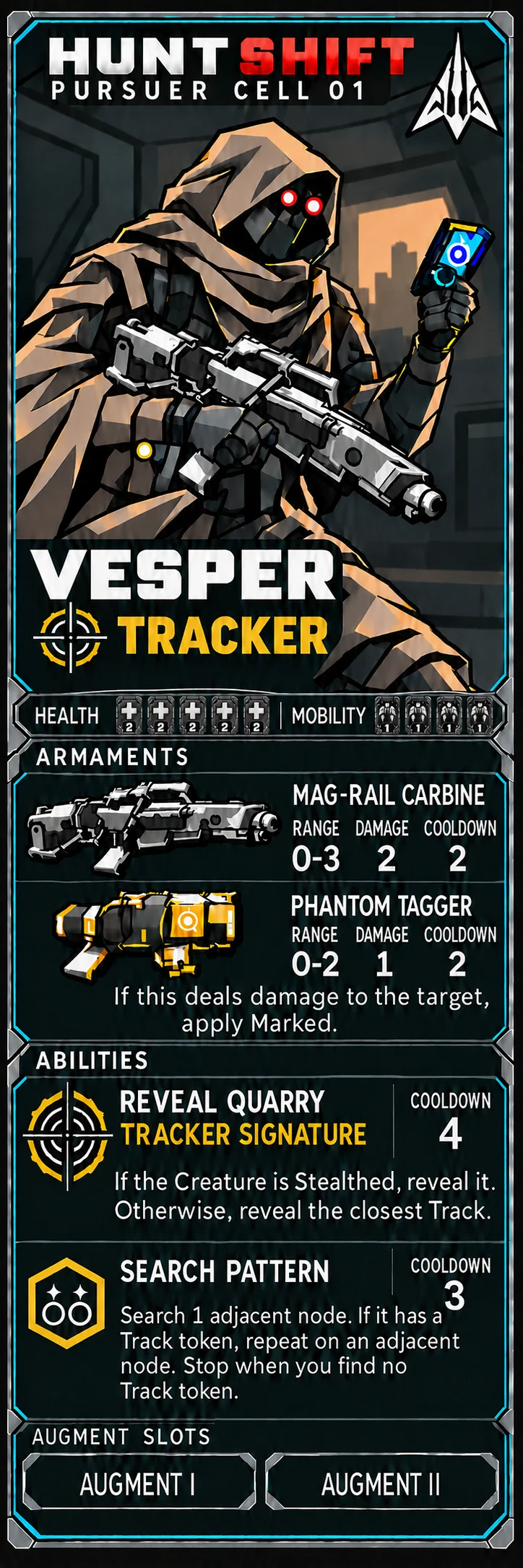 Hooded Vesper with glowing red goggles and a handheld scanner.